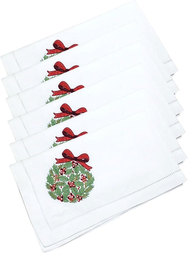 Embroidered Cloth Napkin Pine Christmas Wreath Cotton Napkins Set of 6, 20 x 20 Hemstitch Table Napkins, Machine Washable, for Daily & Holiday Dining, Great Gift Ideas by Unknown
