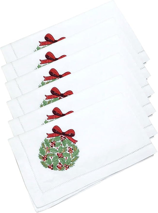 Embroidered Cloth Napkin Pine Christmas Wreath Cotton Napkins Set of 6, 20 x 20 Hemstitch Table Napkins, Machine Washable, for Daily & Holiday Dining, Great Gift Ideas by Unknown