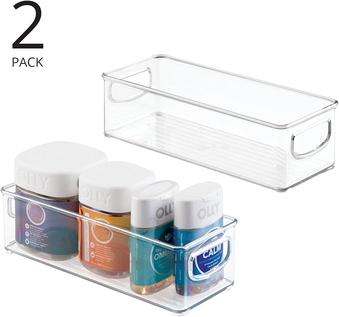 mDesign Plastic Bathroom Storage Container Bins w/ Handles - Closet, Cabinet, Vanity, Cupboard Shelf Organization, Hair Tools Accessory Organizer - Ligne Collection; Clear, 10x4x3 (Pack of 2) - Image 2