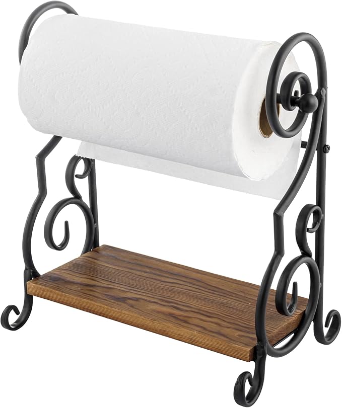 MyGift Black Metal Countertop Paper Towel Holder with Rustic Solid Burnt Wood Storage Shelf and Scrollwork Design, Easy Refill Single Roll Holder - Image 4