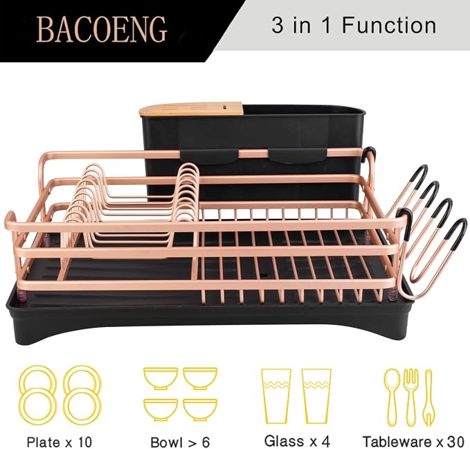 BACOENG Aluminum Dish Drying Rack,Never Rust Dish Rack with Removable Cutlery Holder & Cup Holder, 360° Swivel Spout Drain Board,Gold - Image 3