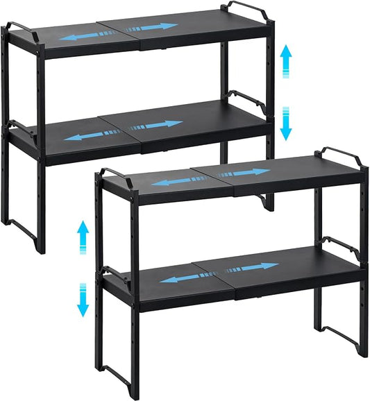 4 Pack Kitchen Cabinet Shelves Organizers, Kitchen Counter Storage Shelf Spice Rack, Expandable Length, Adjustable Height, Stackable, Sturdy 30LBS Bearing, Small Cupboard Tabletop Organizer Shelf Rack by X-cosrack
