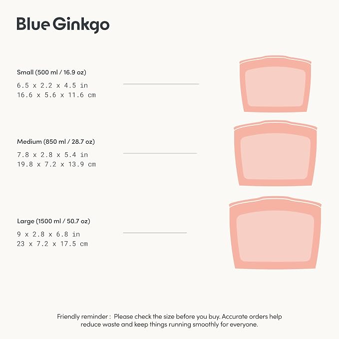 Blue Ginkgo Silicone Food Storage Bags, 3-Pack, Reusable, Made in Korea | Leakproof. Stand Up. Freezer and Dishwasher Safe. (Peach) - Image 3