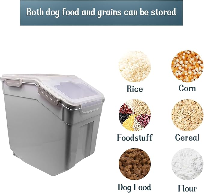 AnRui Rice Storage Container 50LB, Airtight Flour Storage Containers, Plastic Cereal Grain Dispenser Organizer Pet Food Storage Bin with Lid, Measuring Cup, Scoop, Gray, 2Pcs(Total Capacity:100LBS) - Image 3