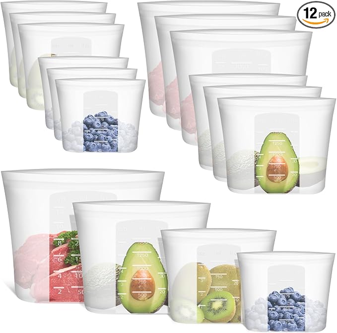 Reusable Storage Bag, 12 Pack 100% Silicone Food Storage Bags Stand Up Zip Lock Bags for Food, Freezer Microwave Oven Dishwasher Safe, 3 Extra Large(0.8 Gallon) 3 Medium 3 Small 3 X-Small, Translucent by Annaklin