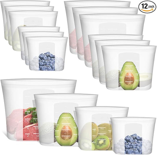 Reusable Storage Bag, 12 Pack 100% Silicone Food Storage Bags Stand Up Zip Lock Bags for Food, Freezer Microwave Oven Dishwasher Safe, 3 Extra Large(0.8 Gallon) 3 Medium 3 Small 3 X-Small, Translucent by Annaklin