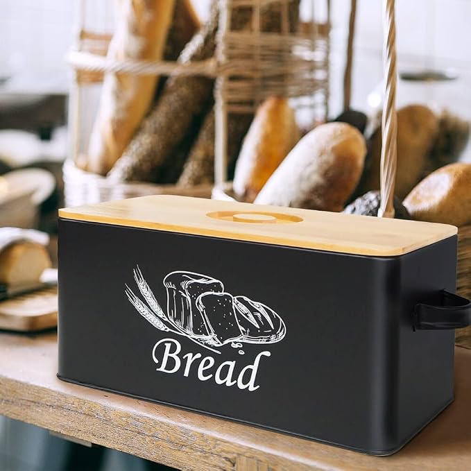 SOTECH Bread Box with 3pcs Jars Coffee Sugar Tea for Kitchen Countertop White Metal Bread Box with Bamboo Board Cover Pastry Storage Container Set Kitchen decor (Black box) - Image 4