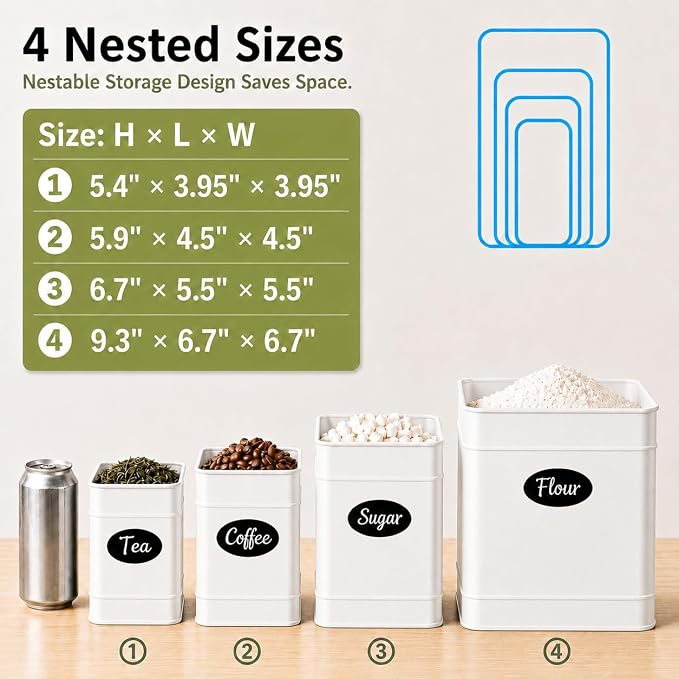 Kitchen Canisters Sets of 4 - Metal Flour Sugar Storage Containers Set for Countertop with Airtight Lids, Coffee Tea Canister Set with Customizable Chalkboard Labels & Marker Pen, White - Image 6