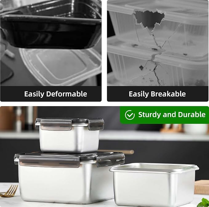 18/10 Stainless Steel Freezer Storage Containers With Lids, 94oz Food Container Leak Proof Metal Meal Prep Containers (2800ml) - Image 5