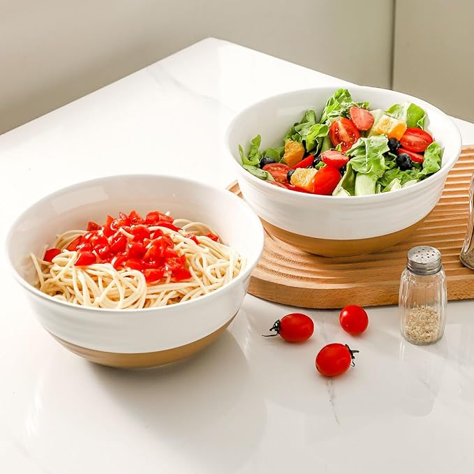 HASENSE Large Ceramic Serving Bowls Set of 2, 60 Oz 8.5 Inch White & Terracotta Stoneware Bowls, Farmhouse Bowls for Salad, Soup & Pasta, Dishwasher & Microwave Safe, Christmas Entertaining Dishes - Image 6