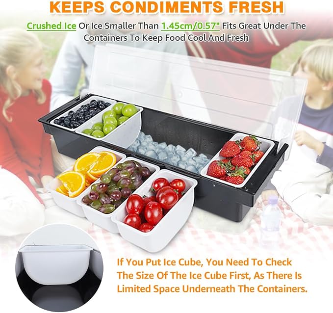 Chilled Condiment Caddy Server With Lid 6 Compartment Garnish Tray | Plastic Condiment Container Garnish Tray For Bartenders,Bar Condiment Fruit Caddy With Lid And Removable Trays - Image 5