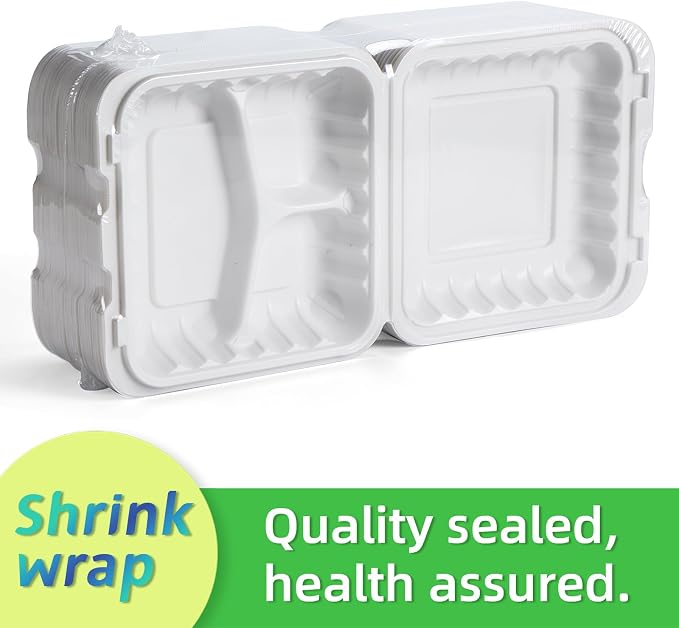 55-Pack 34oz 8 Inch Food Containers - Shrink Wrapped No Pre-Wash | 3-Compartment Reusable & Secure Snap Closure | Bpa Free Microwave Safe for Leftovers, Work Meals, Takeout & Meal Prep, White - Image 2