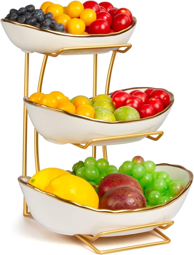 Fruit Bowl for Kitchen Counter, 3 Tier Fruit Basket for Counter, Ceramic Holder, Tiered Stand with Metal Stand, Detachable Rack for Fruit Vegetable Snack Dessert Storage (White) by YUNLINLI