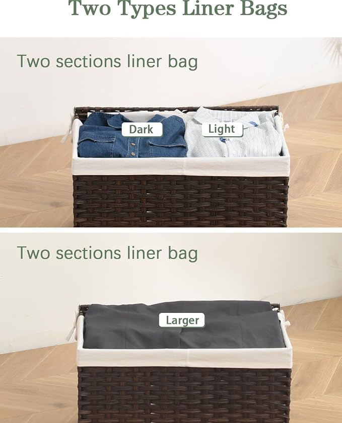 SETVSON Storage Basket with Lid PE Rattan Storage Basket 105L, Brown | 27.8 Gal Storage Bin with 2 Separate Lids, 2 Removable Liners for Clothes & Blankets, Sturdy Metal Frame, PE Rattan - Image 5