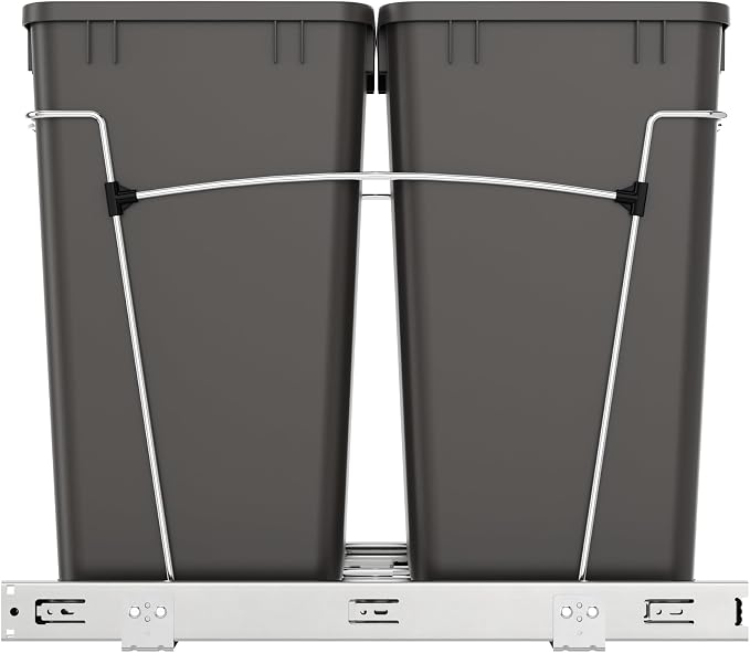 Rev-A-Shelf Double 27 Qt Pullout Trash Can for Base Kitchen Cabinets, Garbage Waste Bin System with Full Extension Slides, Min Opening Width of 11.5", Orion Gray, RV-15KD-13C-S - Image 7