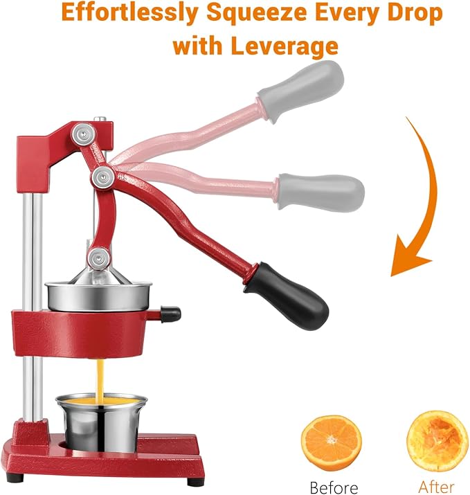 TONGCHANT Cast Iron Manual Juicer for Orange Lemon Lime Pomegranate &Citrus | Heavy Duty Orange Juicer Squeezer, Hand Press Juicer, Citrus Press, Stainless Steel Cup, Easy to Clean, Red - Image 5