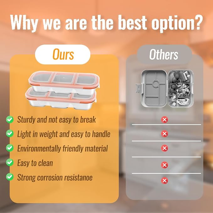 Set of 3 Pack Stainless Steel Snack Container,3 Compartment Bento Lunch Box with Leakproof Grey & Orange Lid,Reusable Metal Food Storage Container,Portable Snack Box for Work,1.5 lb Capacity - Image 5