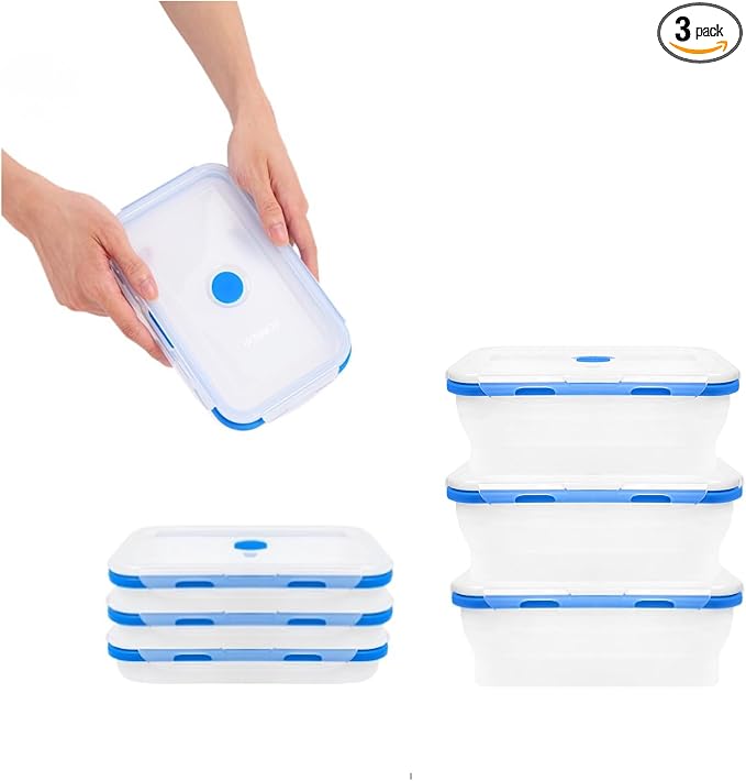 Collapsible Food Storage Containers, 3 Piece, 40 oz | Silicone, Airtight Lids, Space-Saving, Reusable Meal Prep, Microwave, Freezer & Dishwasher Safe by SmartDesignForEverydayLife
