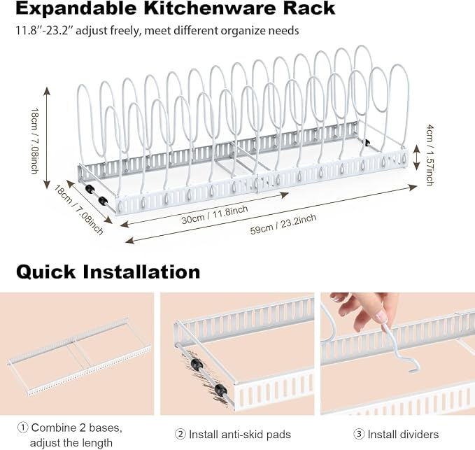 Housolution 2 Pack Pot and Pan Lid Organizer Holder Storage Rack, White | 12"-23" Expandable, 14 Adjustable Dividers, Sturdy Metal Construction, Easy Assembly - Image 5