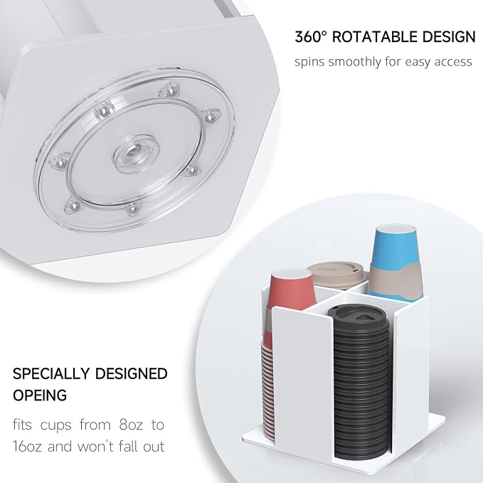 KOTEMON Cup and Lid Holder, 4 Compartment, Square | Rotating Coffee Cup Dispenser Lid Carousel for Restaurant, Buffet, Coffee Station, Bar, Countertop, White Acrylic - Image 7