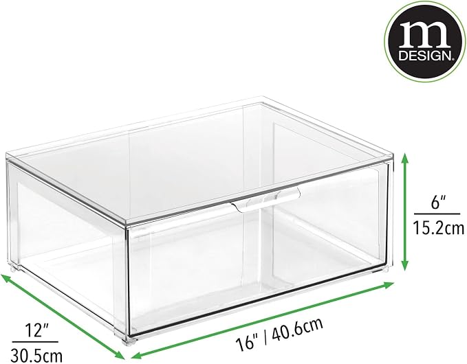 mDesign Plastic Stackable Closet Storage Organizer Bin Containers with Front Pull Drawer for Cabinet, Desk, Shelf, Cupboard, or Dresser Organization - Lumiere Collection - Set of 3 - Clear - Image 4
