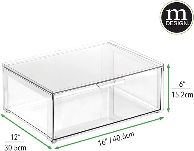 mDesign Plastic Stackable Bathroom Storage Organizer Bin Containers with Front Pull Drawer for Bathroom Countertop, Vanity, Closet Shelves - Holder for Accessories - Lumiere Collection, 2 Pack, Clear - Image 3