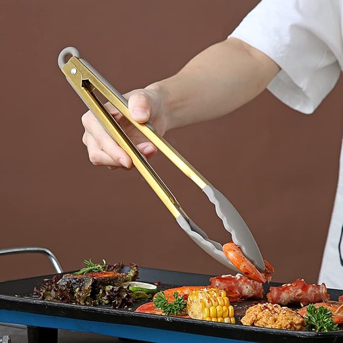 Gold Cooking Tongs, Berglander Heavy Duty Food Tongs For Cooking With Silicone Tips And Titanium Gold Plating Handle, Kitchen Tongs, Grill Tongs, Dishwasher Safe, Easy to Clean - Image 7