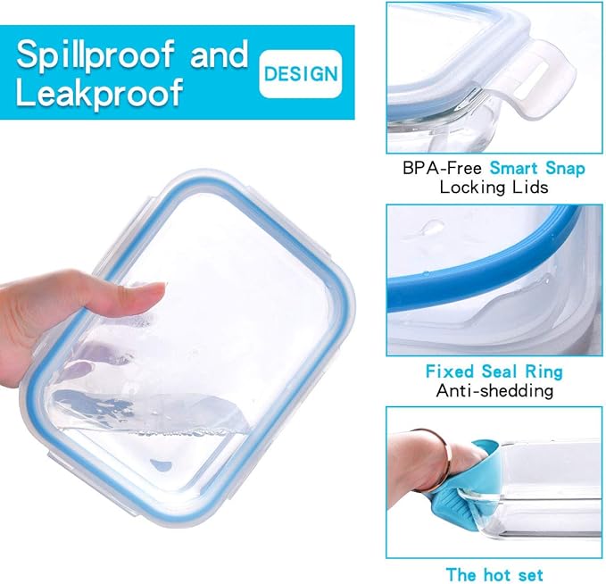 20 Pc Glass Food Storage Containers with Snap Lock Lids, Airtight & Leakproof, Bonus 2 Oven Silicone Gloves, Safe for Dishwasher, Oven, Microwave,Freezer, BPA Free - Image 2