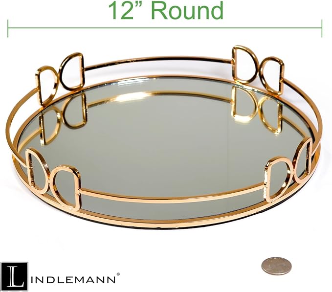 Decorative Tray Metal Mirrored Round Serving Trays with Butterfly Handles Perfume Jewelry Trinket Organizer for Bathroom Vanity Home Décor (Gold, 12") - Image 2