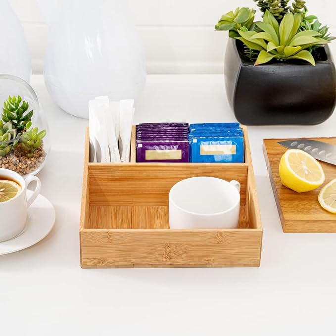 Restaurantware-8.3 x 8.3 x 2 Inch Coffee Condiment Organizer, 1 Square Creamer Organizer - 3 Compartments, Break-Resistant, Bamboo Coffee Accessory Caddy, Won't Chip, For Sugar Packets And Creamers - Image 7