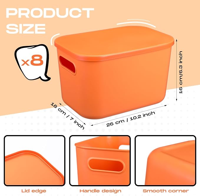 8 Pieces Colorful Storage Bins with Lid, Plastic Storage Basket Organizing Container Stackable Box with Handle for Shelves Desktop Playroom Office(10.2 x 7 x 6.3 Inch,Orange) - Image 2