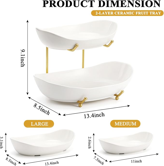 Large Size 2 Tier Ceramic Fruit Bowl,（13.4 and 11 inch Plate）More Storage Space, Golden Metal Stand for Kitchen Counter,Porcelain Fruit Basket for Countertop, Snack, Nuts, Cake, Dessert - White - Image 2