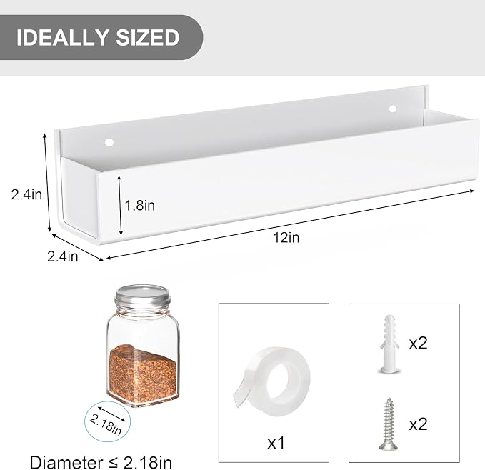 PMMASTO Adhesive Acrylic Spice Rack Organizer for Wall with Nano Double Sided Tape, Spice Shelf Organization for Kitchen Cabinet Door/Pantry Door, Wall Mount Seasoning Rack (White-2 Pack) - Image 2
