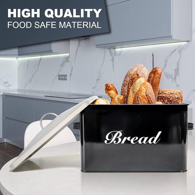 SOTECH Vintage Metal Bread Box Farmhouse Decor Style Pantry Organization and Storage Container,Space Saving Black with Silver Breadbox-Rustic Kitchen Decor - Image 2