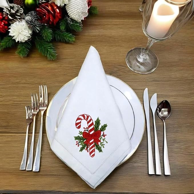 – Embroidered Cloth Napkin Candy Christmas Design, Set of 6 100% Cotton Hemstitch Table Napkins 18x18, Machine Washable – Festive Holiday & Everyday Dining, Great Gift Ideas - Image 6