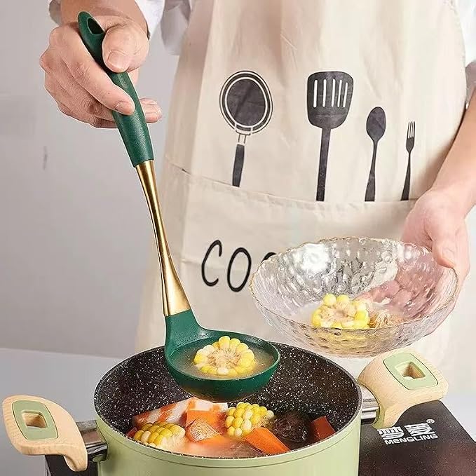 8-Piece Silicone Kitchen Utensil Set, White and Gold, Heat Resistant Cooking Tools with Comfort Handles- Includes Spatula & Spoon for Nonstick Cookware (Green & Gold) - Image 2