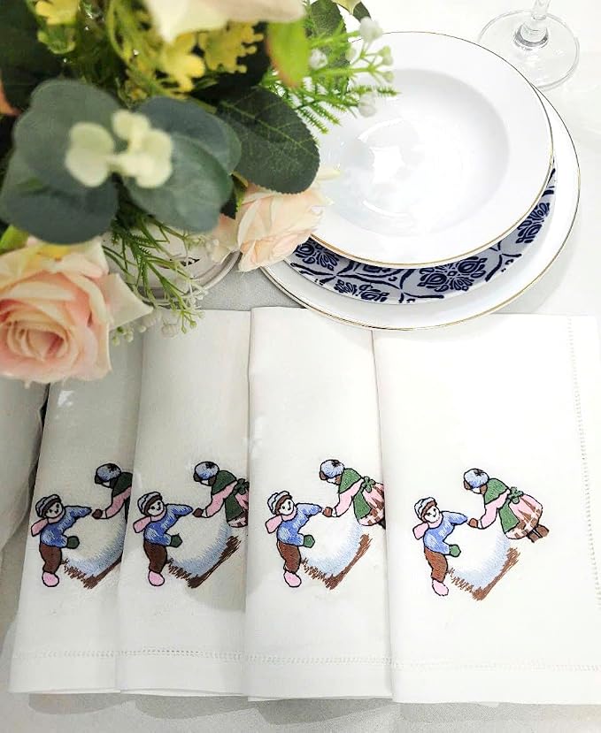 Embroidered Children Play with Snow Design Cloth Napkins Set of 6, 17"x17" Hemstitch Table Napkins Dinner Napkin Machine Washable for Dining Room, Daily & Holidays, Events, Great Present Ideas - Image 5