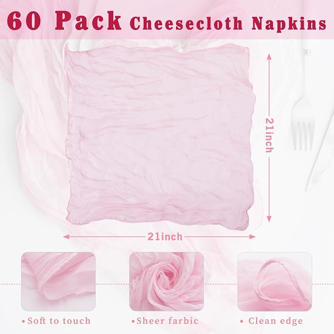60 Pack Light Pink Cloth Napkins 21x21 Inches Light Pink Cheesecloth Napkins Set of 60 Washable Dinner Table Napkins for Wedding Summer Bridal Baby Shower Rustic Boho Cotton Gauze Party Table Decor - Image 3