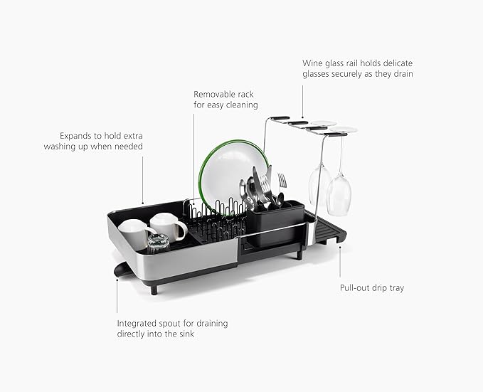 Joseph Joseph Extend Steel Plus Extendable Dish Rack Steel, Small to Large Dish Drainer with Wine Glass Holder & Drain Spout, Black - Image 5