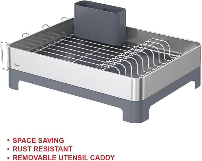 Glad Stainless Steel Dish Drying Rack - Large Space Saving Dish Drainer with Removable Cutlery Holder - Rust-Resistant Metal Rack with Adjustable Drain Spout for Kitchen Countertops, (12.6”W x 17.7”L) - Image 2