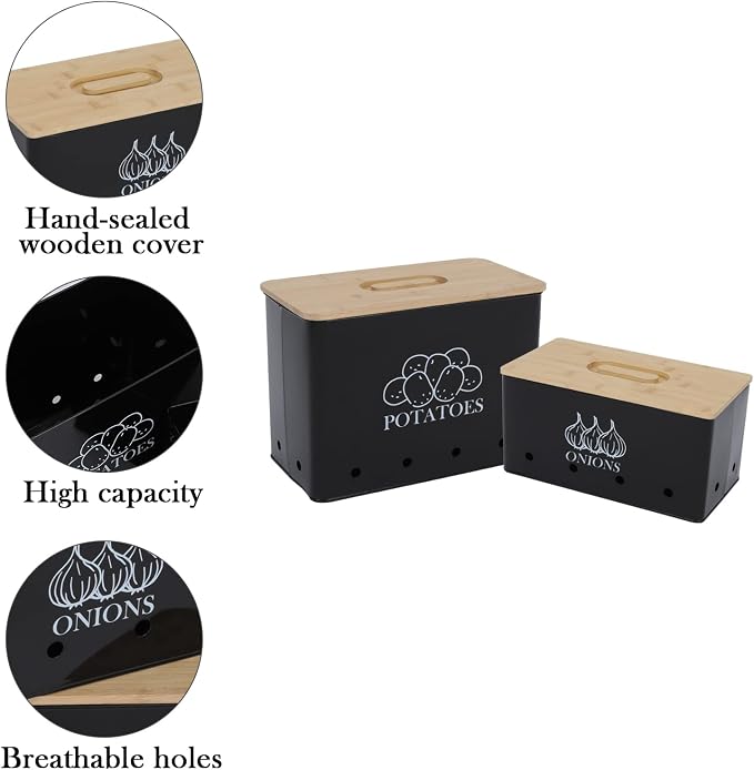 Potato Onion Storage Box, Food Container Sets, Storage Canisters for Vegeatables, Set of 2 Jars Pots Containers, Potato & Onion Bin with Aerating Tin Storage Holes & Bamboo Lid-Black - Image 2