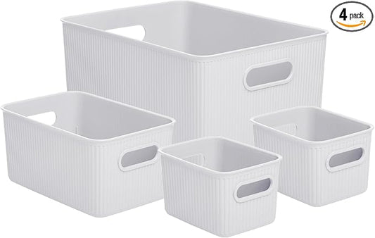Superio Ribbed Collection - Decorative Plastic Basket Open Home Storage Bins Organizer, White Smoke (Set of 4) 1 Large, 1 Medium, 2 Small - Containers for Organizing Closet Storage Bins for Shelves by Superio