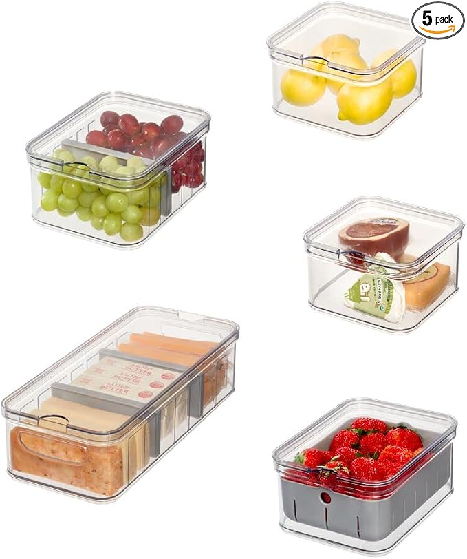iDesign Crisp 5-Piece Recycled Plastic Refrigerator Organizer Bin Set with Lids, Clear/Gray by iDesign
