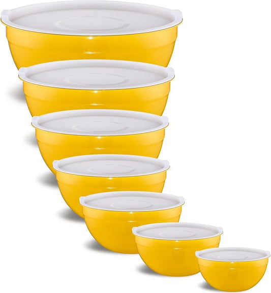 Yellow Mixing Bowls With Airtight Lids,Stainless Steel Bowl,Salad Bowls 7 Piece Colorful Nesting Bowl Yellow Kitchen Accessories,Size 7,3.6,2.7,2.1,1.5,1.1,0.8QT Stackable Design by Onlycooker