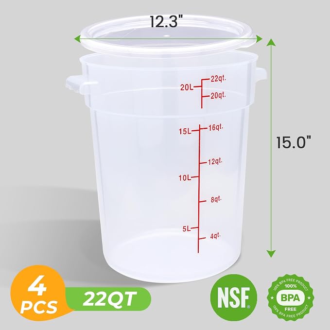 BIEAMA 4 Pack 22 Qt Round Food Storage Containers with Lids, Translucent PP | Include lids, labels, measuring cups and containers with capacity markings for food prep, pantry storage and dough proofing. - Image 2