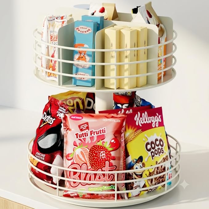 Snack Organizer - Versatile Snack Storage 2 Tier Lazy Susan with Convenient Grab-and-Go Design, Metal Snack Holder for Home, Office, Breakroom, 12.13" L x 12.13" W x 12.56" H (Matte White) by NANAGIFTREE