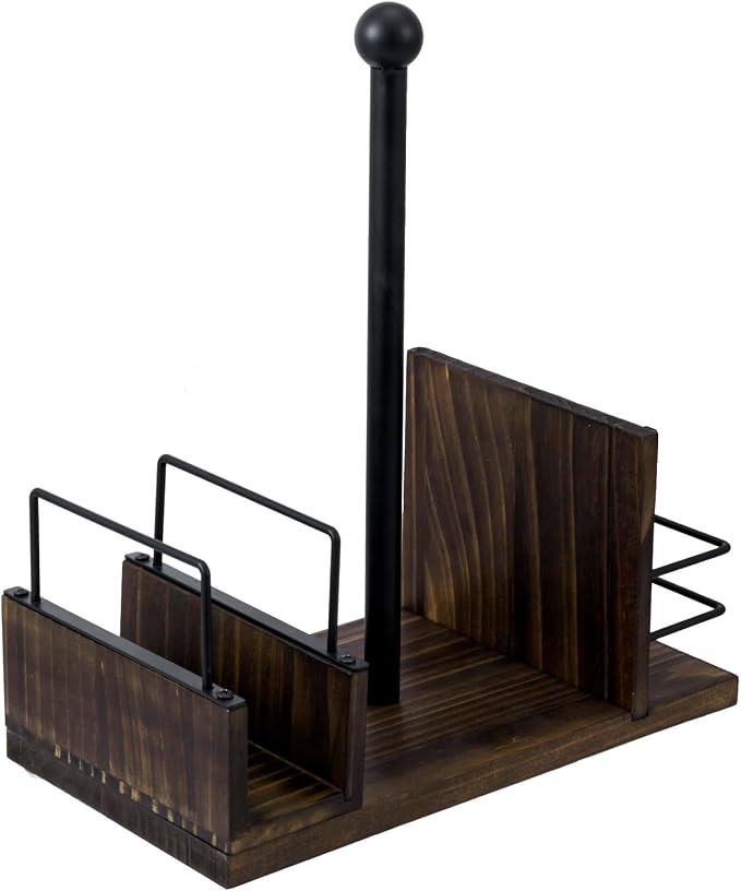 MyGift Rustic Burnt Solid Wood and Industrial Matte Black Metal Dining Combination Caddy with Paper Towel Roll Dispenser Stand, Napkin Holder, and Spice Rack - Image 5