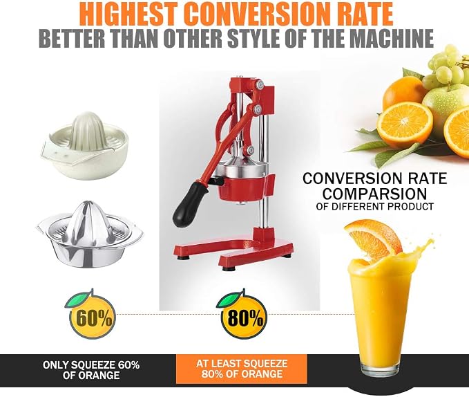 Commercial Heavy Duty Cast Iron Hand Press Manual Orange Citrus Lemon Lime Grapefruit Pomegranate Fruit Juice Squeezer Machine with Stainless Steel Cup Red - Image 3