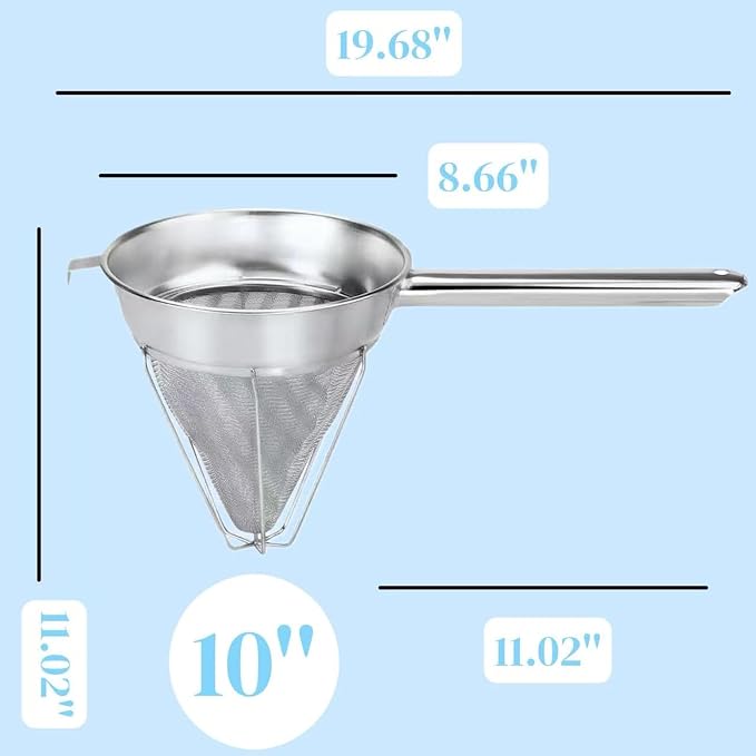 10-Inch Stainless Steel Fine Mesh Chinois Strainer | Large Strainer Reinforced Bouillon Strainer for Sauces, Soups, Purees, Pastes, Jelly, Custard, Curds and etc. - Image 2