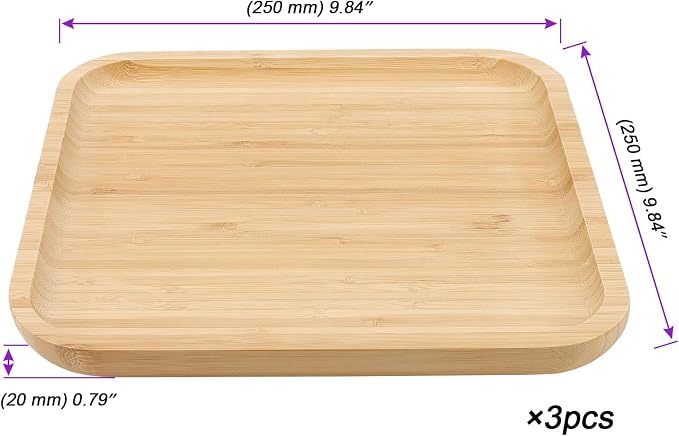 JOIKIT 3 Pack 10 Inch Bamboo Platter, Fine Polished Sqaure Wood Plates Bamboo Serving Tray for Holding Fruit, Bread, Cheese, Nut, Coffee, Tea, Plant Saucer - Image 2